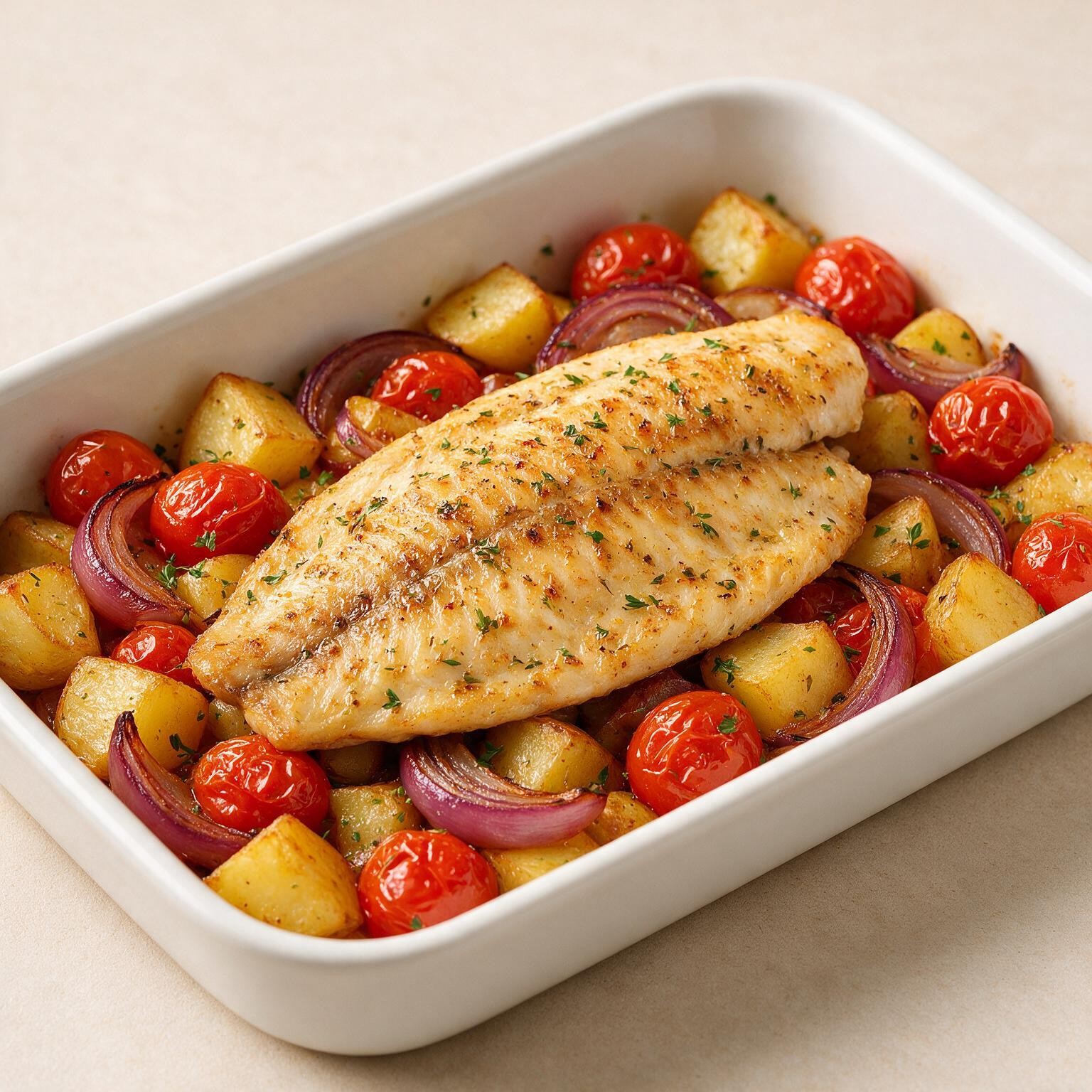 Tilápia assada com batatas, tomate e cebola