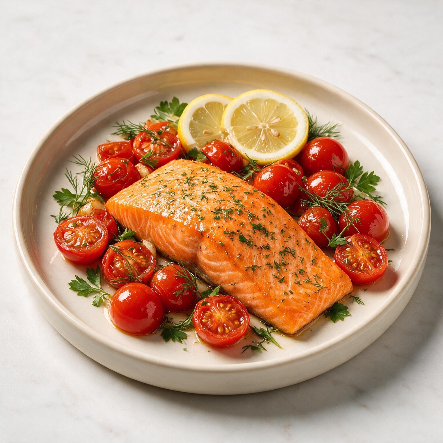 Salmão assado com tomate-cereja e limão