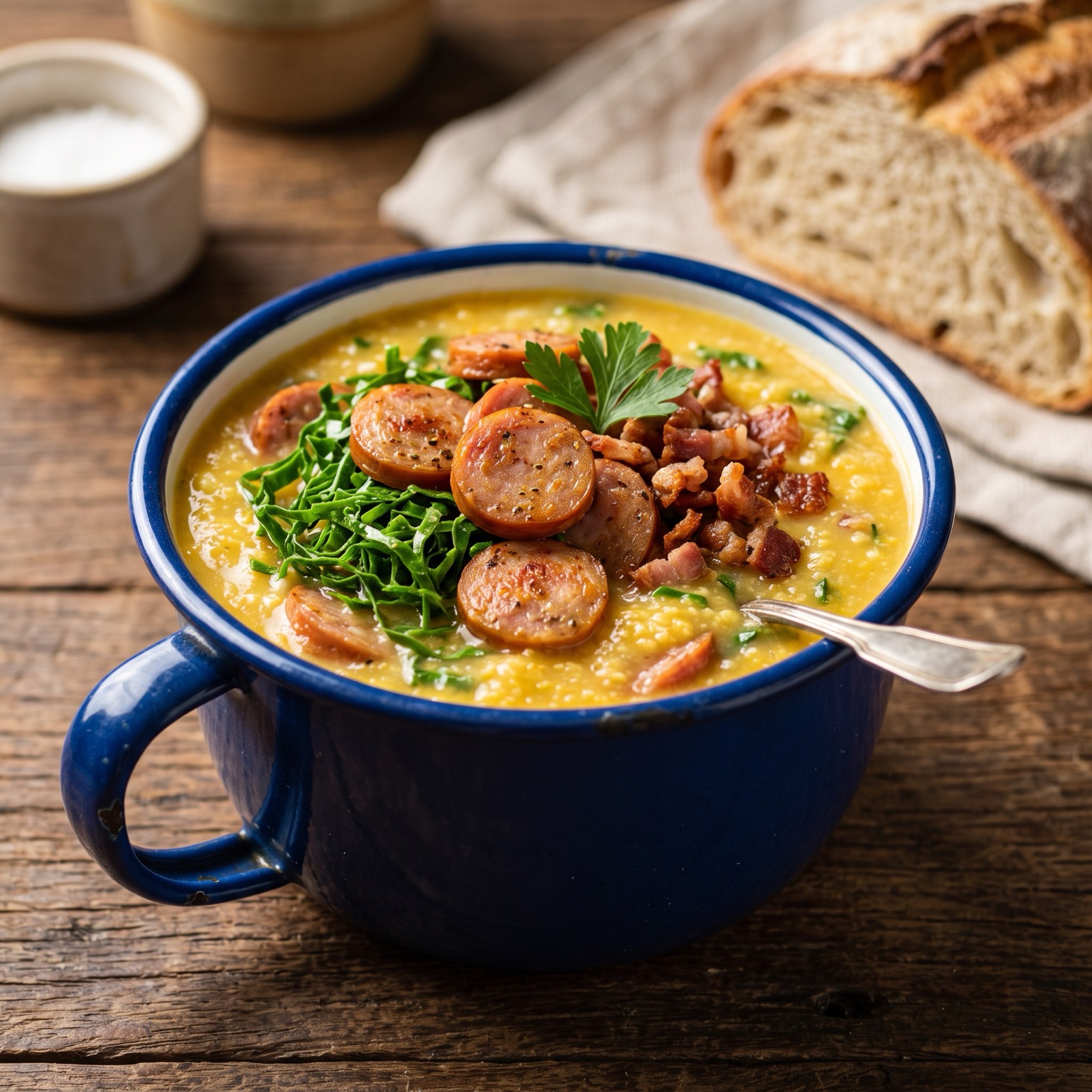 Sopa de Canjiquinha com Linguiça Calabresa, Couve e Bacon