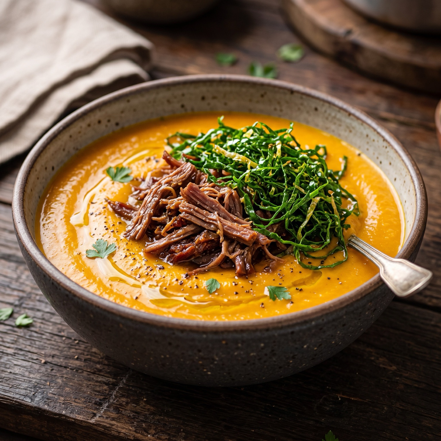 Creme de Abóbora com Carne Seca e Couve Mineira